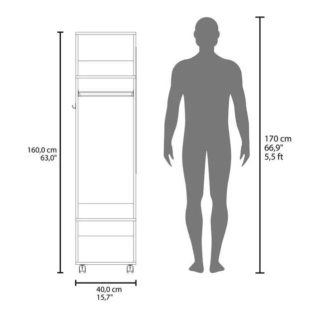 Alt view image 4 of 7 - Cluster 63" Tall Wardrove with Mirror, Three Shelves, Casters and Hanging Rod, Armoire, Bedroom Clothes Storage, Cabinet Organizer White