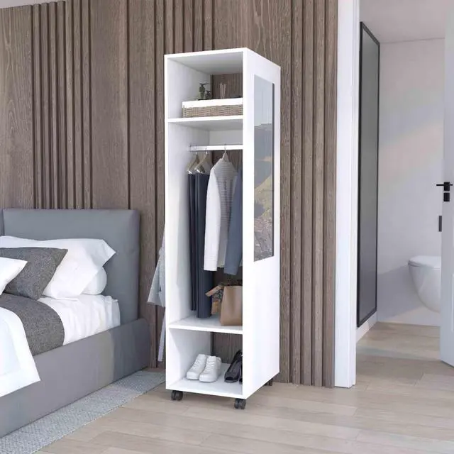 Main image of Cluster 63" Tall Wardrove with Mirror, Three Shelves, Casters and Hanging Rod, Armoire, Bedroom Clothes Storage, Cabinet Organizer White