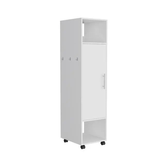 Alt view image 2 of 7 - Cluster 63" Tall Wardrove One-Door Cabinet with Mirror, Three Shelves, Casters and Hanging Rod, Armoire, Bedroom Clothes Storage, Cabinet Organizer White