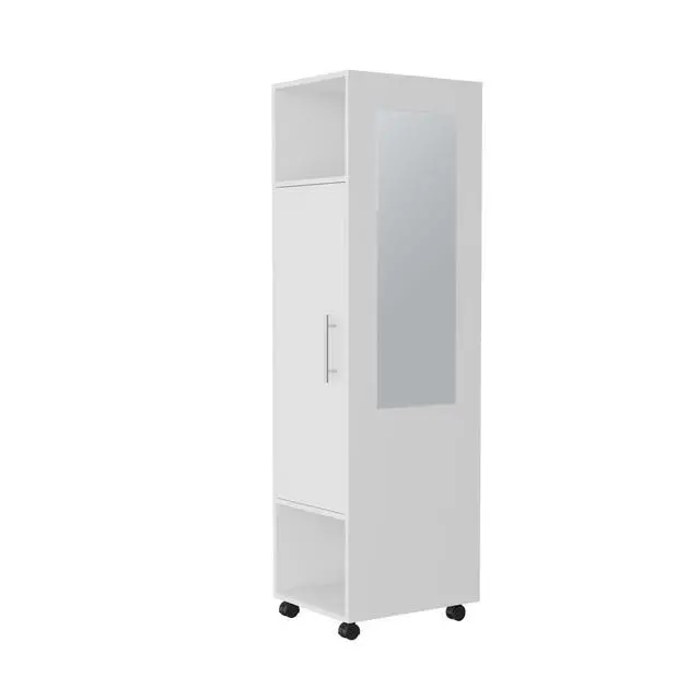 Alt view image 6 of 7 - Cluster 63" Tall Wardrove One-Door Cabinet with Mirror, Three Shelves, Casters and Hanging Rod, Armoire, Bedroom Clothes Storage, Cabinet Organizer White