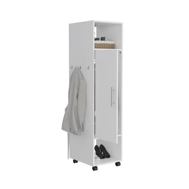 Alt view image 7 of 7 - Cluster 63" Tall Wardrove One-Door Cabinet with Mirror, Three Shelves, Casters and Hanging Rod, Armoire, Bedroom Clothes Storage, Cabinet Organizer White