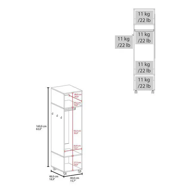 Alt view image 3 of 7 - Cluster 63" Tall Wardrove One-Door Cabinet with Mirror, Three Shelves, Casters and Hanging Rod, Armoire, Bedroom Clothes Storage, Cabinet Organizer White