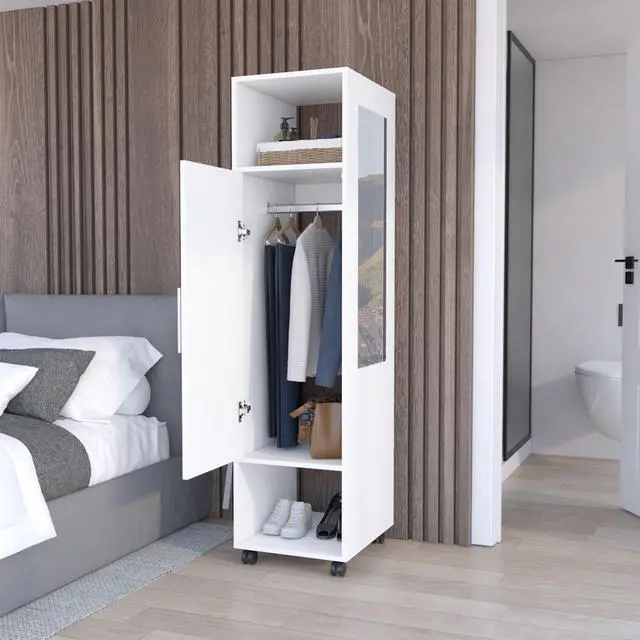 Alt view image 4 of 7 - Cluster 63" Tall Wardrove One-Door Cabinet with Mirror, Three Shelves, Casters and Hanging Rod, Armoire, Bedroom Clothes Storage, Cabinet Organizer White