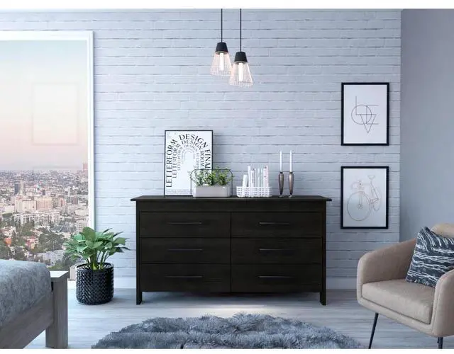 Main image of Hms 6 Drawer Double Dresser, Four Legs, Superior Top -Black