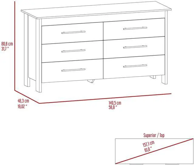 Alt view image 7 of 7 - Hms 6 Drawer Double Dresser, Four Legs, Superior Top -Black