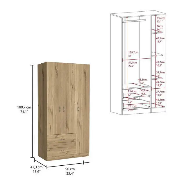 Alt view image 3 of 7 - Austral 3 Door Armoire with Drawers, Shelves, and Hanging Rod -Light Oak / Black