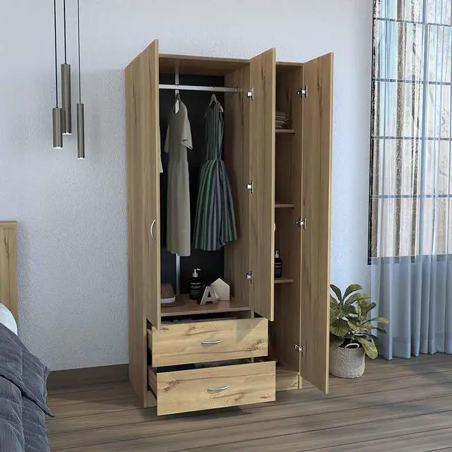 Alt view image 4 of 7 - Austral 3 Door Armoire with Drawers, Shelves, and Hanging Rod -Light Oak / Black