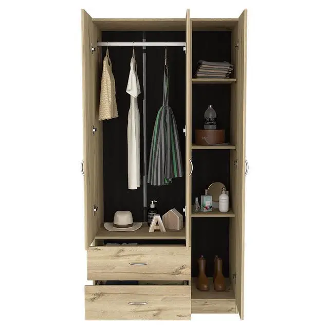 Alt view image 5 of 7 - Austral 3 Door Armoire with Drawers, Shelves, and Hanging Rod -Light Oak / Black