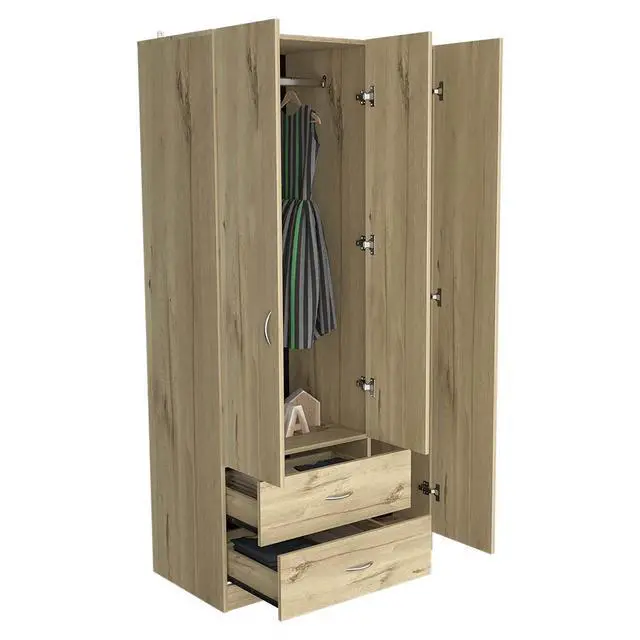 Alt view image 7 of 7 - Austral 3 Door Armoire with Drawers, Shelves, and Hanging Rod -Light Oak / Black