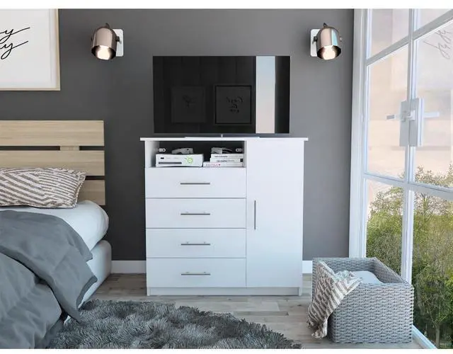 Main image of Peru 4 Drawer Dresser, Single Door Cabinet, One Open Shelf, Superior Top -White