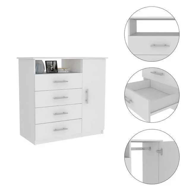 Alt view image 6 of 6 - Peru 4 Drawer Dresser, Single Door Cabinet, One Open Shelf, Superior Top -White