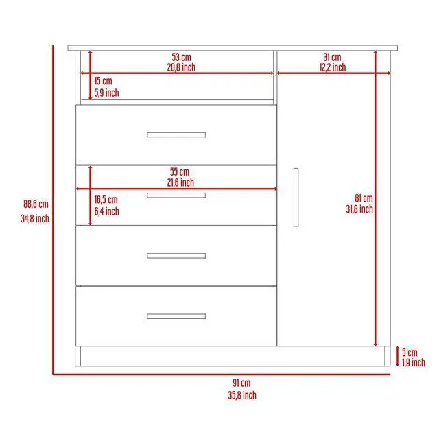 Alt view image 3 of 6 - Peru 4 Drawer Dresser, Single Door Cabinet, One Open Shelf, Superior Top -White