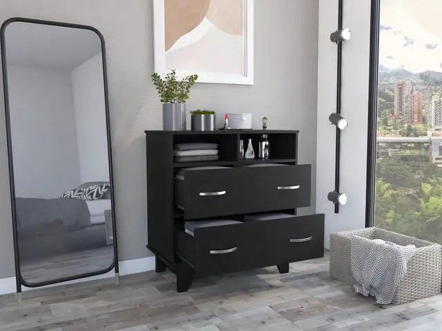 Alt view image 5 of 7 - Portanova Two Drawer Dresser, Two Open Shelves, Superior Top, Four Legs -Black