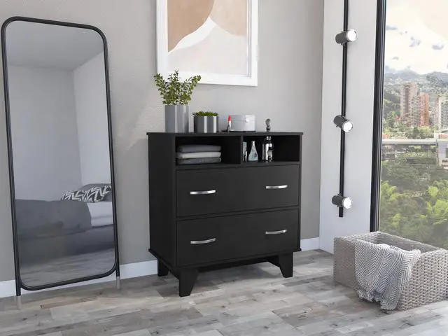 Main image of Portanova Two Drawer Dresser, Two Open Shelves, Superior Top, Four Legs -Black
