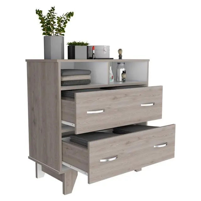 Alt view image 7 of 7 - Portanova Two Drawer Dresser, Two Open Shelves, Superior Top, Four Legs -Light Gray / White