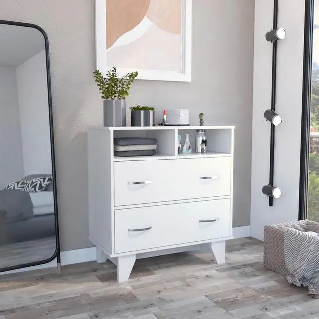 Main image of Portanova Two Drawer Dresser, Two Open Shelves, Superior Top, Four Legs -White