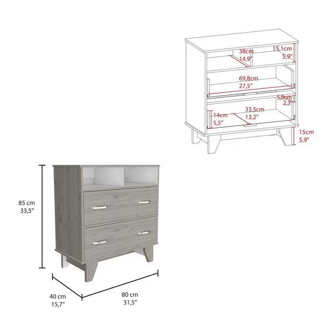 Alt view image 3 of 7 - Portanova Two Drawer Dresser, Two Open Shelves, Superior Top, Four Legs -Light Gray / White