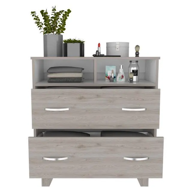 Alt view image 5 of 7 - Portanova Two Drawer Dresser, Two Open Shelves, Superior Top, Four Legs -Light Gray / White