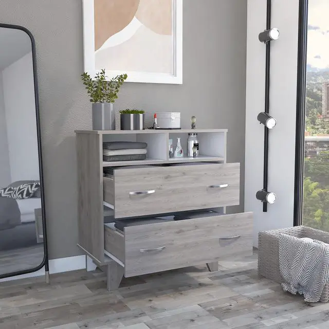 Alt view image 4 of 7 - Portanova Two Drawer Dresser, Two Open Shelves, Superior Top, Four Legs -Light Gray / White