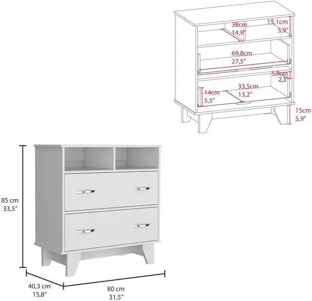 Alt view image 3 of 6 - Portanova Two Drawer Dresser, Two Open Shelves, Superior Top, Four Legs -White