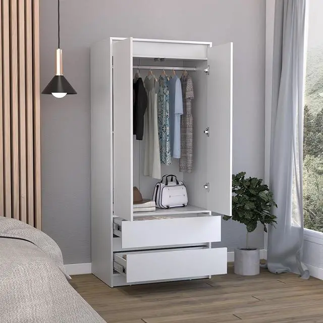 Alt view image 4 of 7 - Austin 2 Drawers Armoire, Double Door, Hanging Rod -White