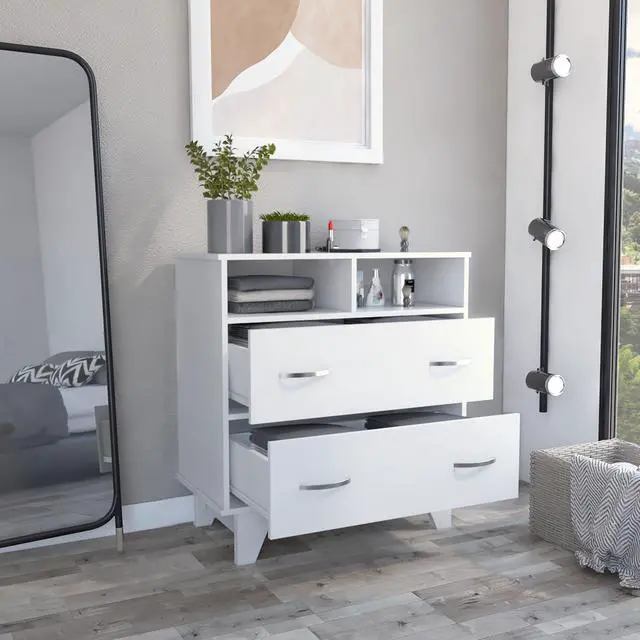 Alt view image 4 of 6 - Portanova Two Drawer Dresser, Two Open Shelves, Superior Top, Four Legs -White