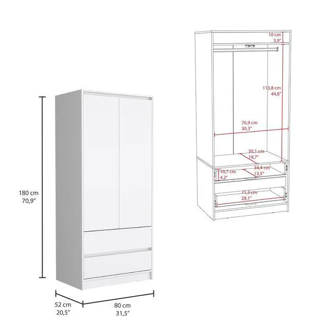 Alt view image 3 of 7 - Austin 2 Drawers Armoire, Double Door, Hanging Rod -White