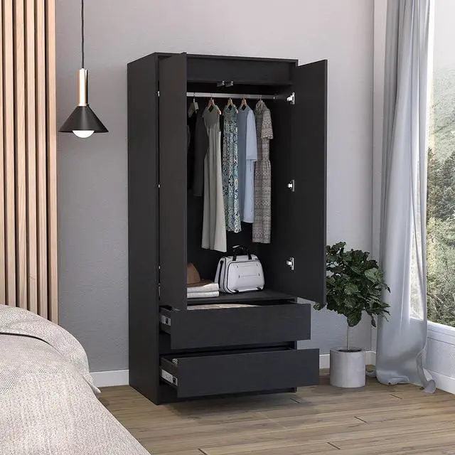 Alt view image 4 of 7 - Austin 2 Drawers Armoire, Double Door, Hanging Rod -Black