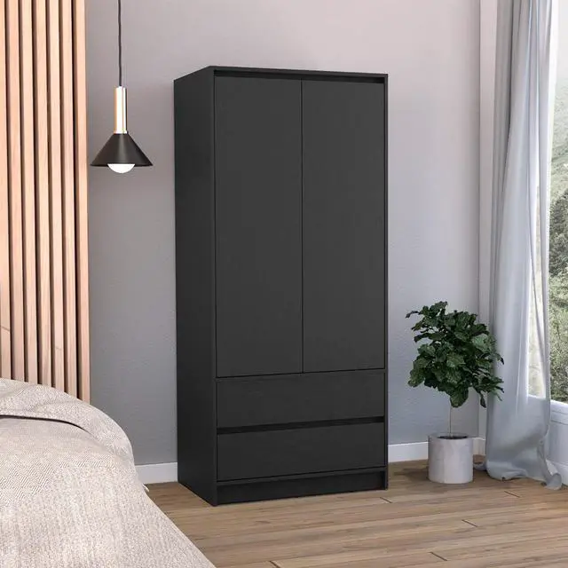 Main image of Austin 2 Drawers Armoire, Double Door, Hanging Rod -Black