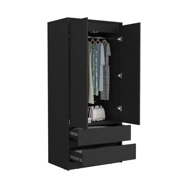 Alt view image 7 of 7 - Austin 2 Drawers Armoire, Double Door, Hanging Rod -Black