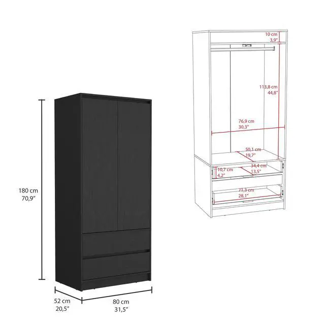 Alt view image 3 of 7 - Austin 2 Drawers Armoire, Double Door, Hanging Rod -Black