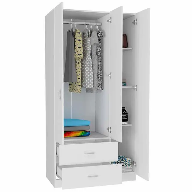 Alt view image 4 of 7 - Austral 3 Door Armoire with Drawers, Shelves, and Hanging Rod -White