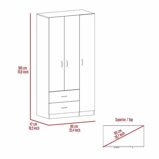 Alt view image 6 of 7 - Austral 3 Door Armoire with Drawers, Shelves, and Hanging Rod -White