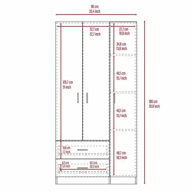 Alt view image 7 of 7 - Austral 3 Door Armoire with Drawers, Shelves, and Hanging Rod -White