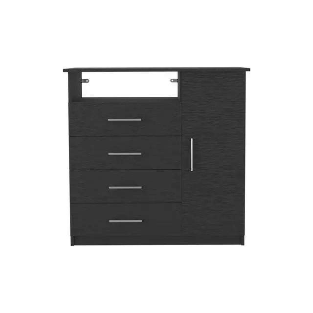 Alt view image 2 of 7 - Peru 4 Drawer Dresser, Single Door Cabinet, One Open Shelf, Superior Top -Black
