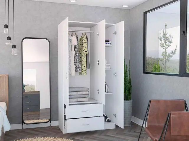 Alt view image 5 of 7 - Austral 3 Door Armoire with Drawers, Shelves, and Hanging Rod -White