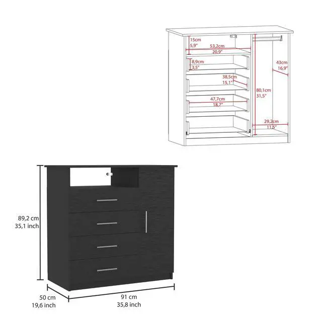 Alt view image 3 of 7 - Peru 4 Drawer Dresser, Single Door Cabinet, One Open Shelf, Superior Top -Black