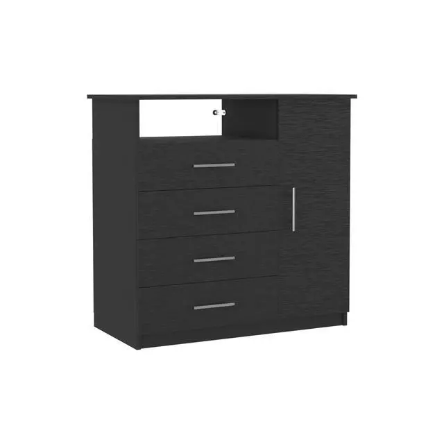 Alt view image 6 of 7 - Peru 4 Drawer Dresser, Single Door Cabinet, One Open Shelf, Superior Top -Black