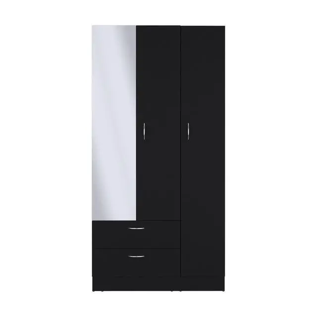 Alt view image 4 of 7 - Riverside 3 Door Mirrored Armoire with Two Drawers, Four Shelves, and Hanging Rod Black