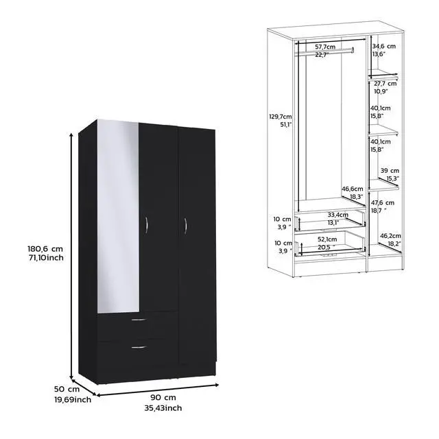 Alt view image 3 of 7 - Riverside 3 Door Mirrored Armoire with Two Drawers, Four Shelves, and Hanging Rod Black