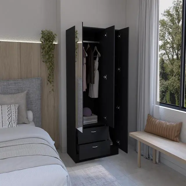 Alt view image 2 of 7 - Riverside 3 Door Mirrored Armoire with Two Drawers, Four Shelves, and Hanging Rod Black