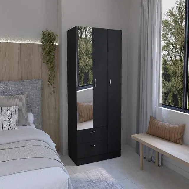 Main image of Riverside 3 Door Mirrored Armoire with Two Drawers, Four Shelves, and Hanging Rod Black