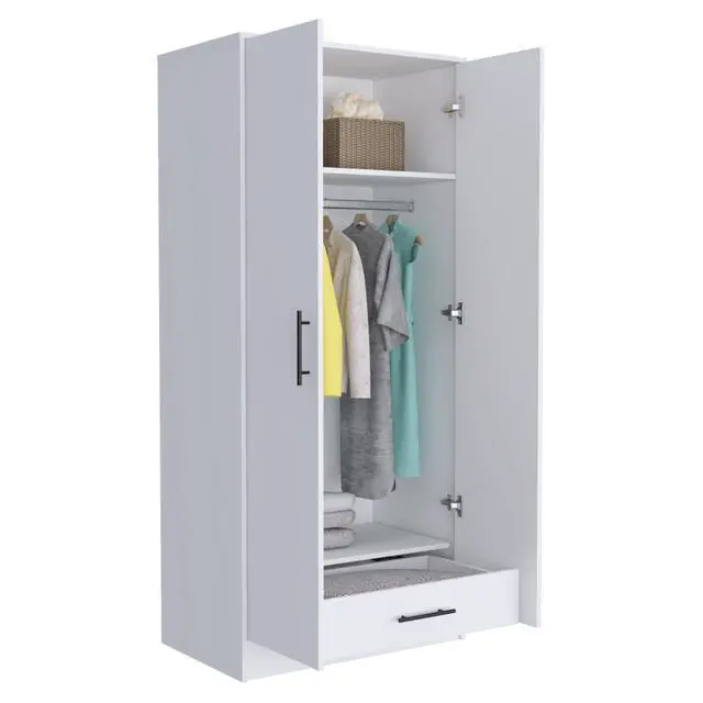 Alt view image 7 of 7 - Ambery 180 Armoire, Two Shelves, Double Door, Metal Rod, One Drawer -White