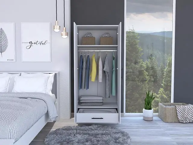 Alt view image 5 of 7 - Ambery 180 Armoire, Two Shelves, Double Door, Metal Rod, One Drawer -White