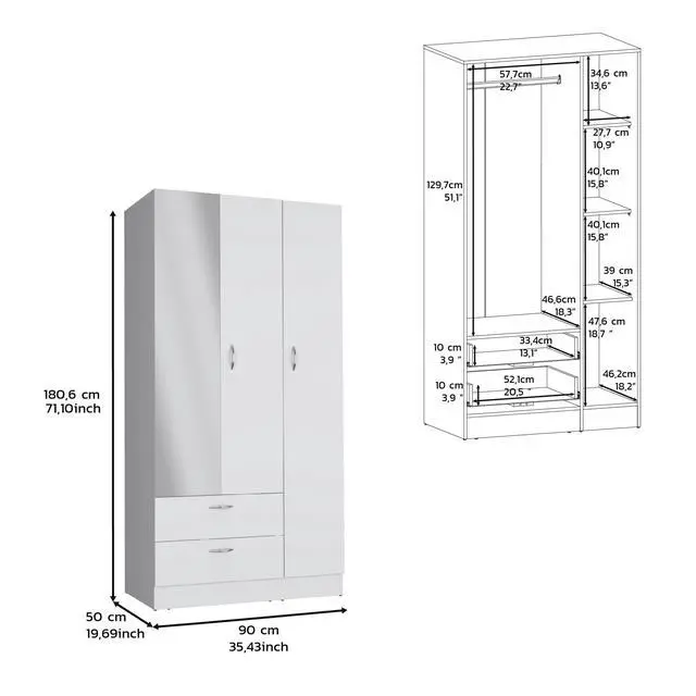 Alt view image 3 of 7 - Riverside 3 Door Mirrored Armoire with Two Drawers, Four Shelves, and Hanging Rod White