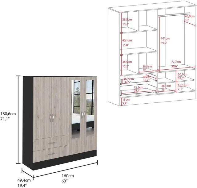Alt view image 3 of 6 - Bolton 160 Armoire, Six Shelves, Two Double Door Cabinets, Two Mirrors, Two Drawers, Rod Black / Light Gray