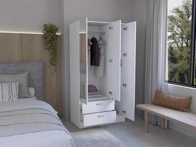 Alt view image 2 of 7 - Riverside 3 Door Mirrored Armoire with Two Drawers, Four Shelves, and Hanging Rod White