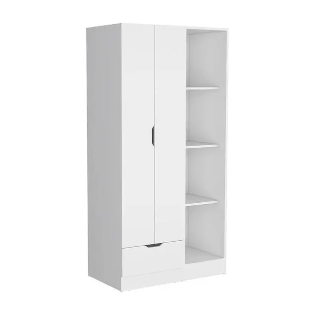 Alt view image 4 of 7 - Memphis Wardrobe Armoire with 4-Tier Storage Shelves and 1 Drawer White