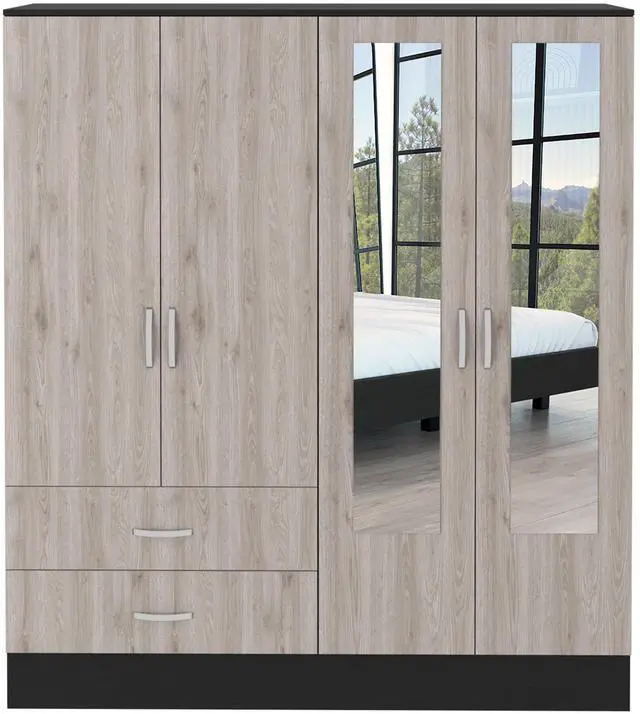 Alt view image 5 of 6 - Bolton 160 Armoire, Six Shelves, Two Double Door Cabinets, Two Mirrors, Two Drawers, Rod Black / Light Gray