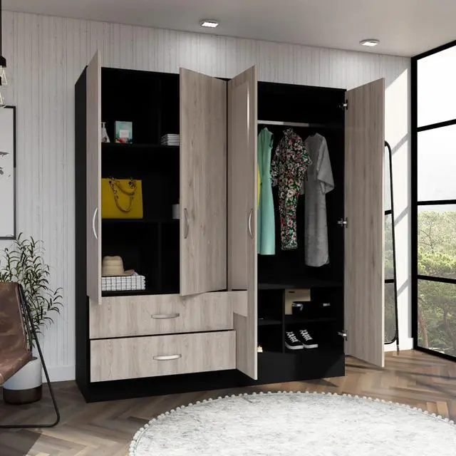 Alt view image 4 of 6 - Bolton 160 Armoire, Six Shelves, Two Double Door Cabinets, Two Mirrors, Two Drawers, Rod Black / Light Gray